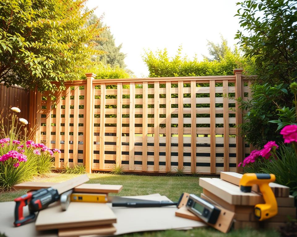 A picturesque garden scene showcasing a modern privacy fence installation. In the foreground, tools and materials like wooden panels, a saw, and level are neatly arranged, hinting at a DIY project. The middle ground features a partially erected slatted wood fence, demonstrating the installation process with precise alignment and a focus on craftsmanship. In the background, a lush green garden with vibrant flowers and neatly trimmed grass creates a serene atmosphere. The lighting is warm and natural, suggesting a late afternoon sun, with soft shadows enhancing the visual depth. The perspective is slightly elevated to capture the details of the fence and the beauty of the surrounding flora, evoking a sense of tranquility and pride in home improvement. A picturesque garden scene showcasing a modern privacy fence installation. In the foreground, tools and materials like wooden panels, a saw, and level are neatly arranged, hinting at a DIY project. The middle ground features a partially erected slatted wood fence, demonstrating the installation process with precise alignment and a focus on craftsmanship. In the background, a lush green garden with vibrant flowers and neatly trimmed grass creates a serene atmosphere. The lighting is warm and natural, suggesting a late afternoon sun, with soft shadows enhancing the visual depth. The perspective is slightly elevated to capture the details of the fence and the beauty of the surrounding flora, evoking a sense of tranquility and pride in home improvement.