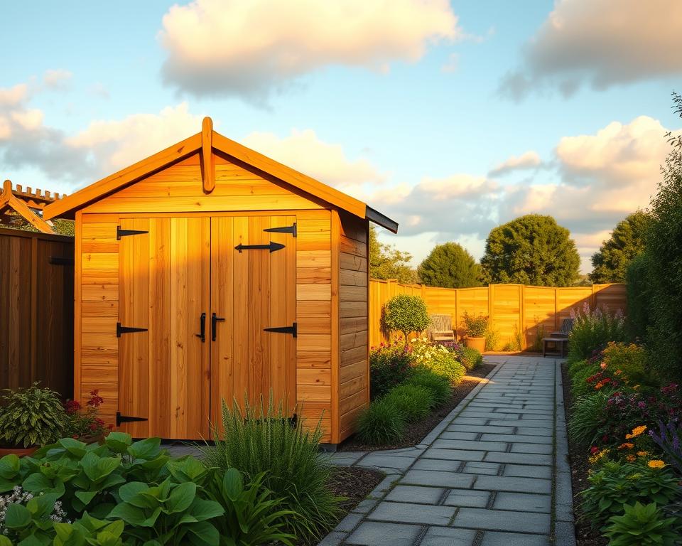 A robust wooden garden shed with 40mm thick walls, showcasing its strength and durability, is prominently displayed in the foreground. The garden shed features large, double doors and a sloped roof with eco-friendly shingles. In the middle ground, a well-kept garden lush with green plants, flowers, and a paved path leads to the shed, emphasizing its integration into a vibrant outdoor space. The background features a blue sky with soft, fluffy clouds, adding to a serene atmosphere. The image is captured in warm, natural lighting during the golden hour, highlighting the wood's texture and grain. The angle is slightly elevated, providing a clear view of both the shed and the surrounding landscape, evoking a sense of strength and reliability.