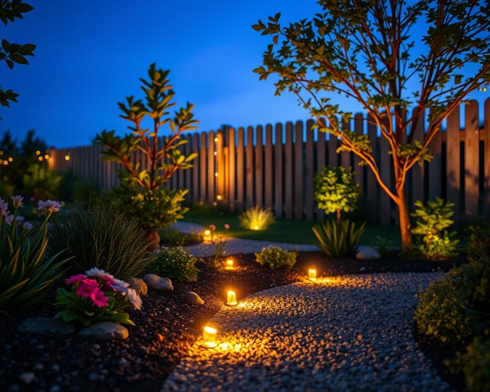 A serene garden scene at twilight, showcasing beautifully arranged light accents that illuminate various plants and pathways. In the foreground, soft, warm lights are strategically placed along a gravel path, highlighting a variety of colorful flowers and decorative rocks. The middle ground features lush greenery, including small shrubs and a graceful tree, all subtly illuminated to create a magical atmosphere. In the background, a gently lit wooden fence complements the garden’s charm, with the fading light of dusk providing a rich, tranquil blue sky. The lighting is warm and inviting, casting soft reflections and enhancing the texture of the foliage, creating an enchanting ambiance that invites relaxation and contemplation. The image should have a soft focus with a slight bokeh effect on the background, emphasizing the tranquil and inviting mood of the illuminated garden. A serene garden scene at twilight, showcasing beautifully arranged light accents that illuminate various plants and pathways. In the foreground, soft, warm lights are strategically placed along a gravel path, highlighting a variety of colorful flowers and decorative rocks. The middle ground features lush greenery, including small shrubs and a graceful tree, all subtly illuminated to create a magical atmosphere. In the background, a gently lit wooden fence complements the garden’s charm, with the fading light of dusk providing a rich, tranquil blue sky. The lighting is warm and inviting, casting soft reflections and enhancing the texture of the foliage, creating an enchanting ambiance that invites relaxation and contemplation. The image should have a soft focus with a slight bokeh effect on the background, emphasizing the tranquil and inviting mood of the illuminated garden.