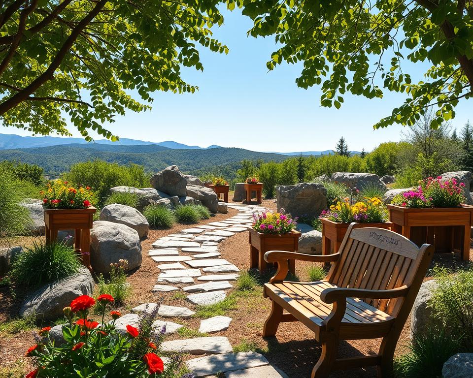 A serene garden scene beautifully integrating natural elements of wood and stone. In the foreground, a handcrafted wooden bench is surrounded by vibrant flowers and lush greenery, showcasing textures and colors. In the middle ground, a rustic stone pathway winds through a cluster of large stone boulders, interspersed with wooden planters overflowing with colorful plants. In the background, gentle hills are visible under a clear blue sky, dappled sunlight filters through the leaves, casting soft shadows. The atmosphere is tranquil and inviting, perfect for relaxation. Capture the scene from a slight elevation to provide depth, emphasizing the harmonious blend of materials. Use soft, natural lighting to enhance the earthy tones of the wood and stone. A serene garden scene beautifully integrating natural elements of wood and stone. In the foreground, a handcrafted wooden bench is surrounded by vibrant flowers and lush greenery, showcasing textures and colors. In the middle ground, a rustic stone pathway winds through a cluster of large stone boulders, interspersed with wooden planters overflowing with colorful plants. In the background, gentle hills are visible under a clear blue sky, dappled sunlight filters through the leaves, casting soft shadows. The atmosphere is tranquil and inviting, perfect for relaxation. Capture the scene from a slight elevation to provide depth, emphasizing the harmonious blend of materials. Use soft, natural lighting to enhance the earthy tones of the wood and stone.