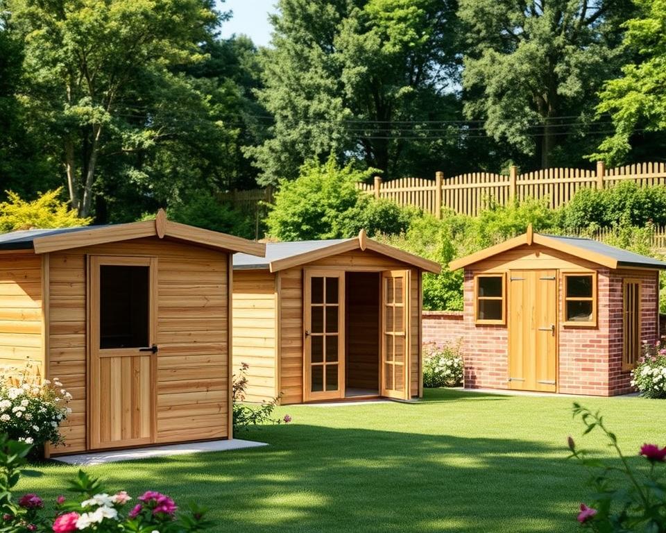 A serene garden scene featuring a selection of garden houses, each displaying different wall thicknesses, arranged in a visually appealing manner. In the foreground, a modern garden house with thick walls made of natural wood, showcasing its durability. In the middle, two additional garden houses, one with thinner walls made of painted wood and another with a brick finish, demonstrating variety. The background is filled with lush greenery, blooming flowers, and a soft-focus effect on a distant fence. Natural daylight filters through the trees, casting gentle shadows and creating a warm, inviting atmosphere. The scene should be captured with a wide-angle lens from a slightly elevated angle to provide depth and emphasize the differences in wall thickness.