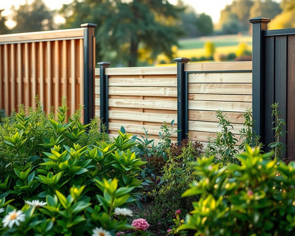 A serene garden scene featuring various types of privacy fences made from wood, metal, and vinyl, emphasizing their maintenance and care. In the foreground, lush green plants and flower beds frame the fences, showcasing vibrancy and life. The middle ground includes well-constructed privacy screens, with textures highlighted—shiny metal, natural wood grains, and sleek vinyl. The background features a softly blurred garden landscape under a warm, golden hour light, enhancing the inviting atmosphere. The angle is slightly elevated to capture the entire setup, with gentle sunlight casting soft shadows, creating a tranquil and well-maintained environment that conveys the importance of care and upkeep for outdoor privacy solutions. A serene garden scene featuring various types of privacy fences made from wood, metal, and vinyl, emphasizing their maintenance and care. In the foreground, lush green plants and flower beds frame the fences, showcasing vibrancy and life. The middle ground includes well-constructed privacy screens, with textures highlighted—shiny metal, natural wood grains, and sleek vinyl. The background features a softly blurred garden landscape under a warm, golden hour light, enhancing the inviting atmosphere. The angle is slightly elevated to capture the entire setup, with gentle sunlight casting soft shadows, creating a tranquil and well-maintained environment that conveys the importance of care and upkeep for outdoor privacy solutions.