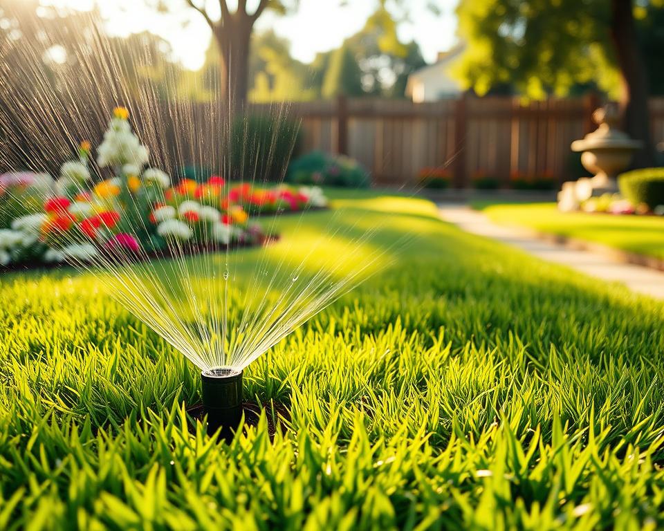 A serene garden scene showcasing a hidden underground pop-up sprinkler system, emphasizing its technical elegance and functionality. In the foreground, a vibrant, lush green lawn is being gently watered, with the sprinkler heads partially visible, rising from the ground, spraying fine droplets of water that catch the sunlight. The middle-ground features healthy flower beds with colorful blooms and a tidy garden path, enhancing the overall beauty of the scene. The background includes a softly blurred fence and leafy trees, bathed in warm afternoon light, creating a tranquil atmosphere. The image should be captured from a low angle, focusing on the sprinkler system while still providing context for the garden's beauty, with a bright and inviting mood.