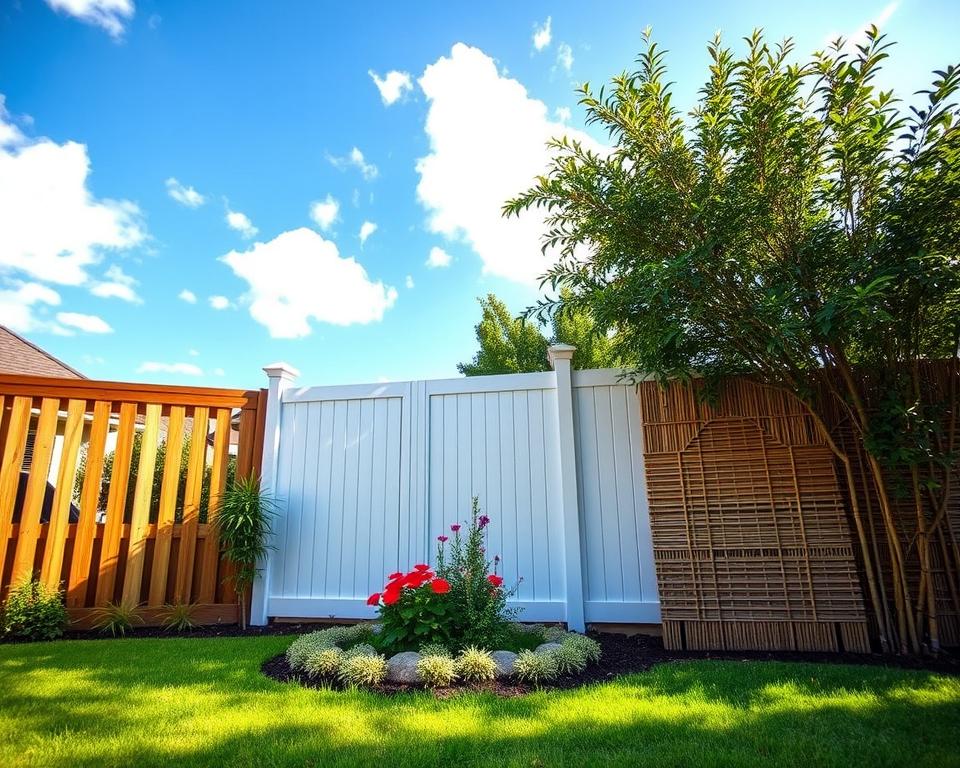 A serene garden scene showcasing a variety of popular privacy fences in a picturesque residential setting. In the foreground, three distinct styles of privacy fences: a tall wooden slatted fence, a classic vinyl fence, and a lush bamboo screen, all expertly crafted. In the middle, a decorative flower bed adds a pop of color, framing the fences harmoniously. The background features a bright blue sky with soft clouds, casting gentle sunlight that creates inviting shadows. The atmosphere is tranquil and refreshing, emphasizing the appeal of these garden features. The image should be shot at eye level, using a wide-angle lens to capture the full scope of the fences and their surrounding landscape, ensuring clarity and detail without any distractions. A serene garden scene showcasing a variety of popular privacy fences in a picturesque residential setting. In the foreground, three distinct styles of privacy fences: a tall wooden slatted fence, a classic vinyl fence, and a lush bamboo screen, all expertly crafted. In the middle, a decorative flower bed adds a pop of color, framing the fences harmoniously. The background features a bright blue sky with soft clouds, casting gentle sunlight that creates inviting shadows. The atmosphere is tranquil and refreshing, emphasizing the appeal of these garden features. The image should be shot at eye level, using a wide-angle lens to capture the full scope of the fences and their surrounding landscape, ensuring clarity and detail without any distractions.