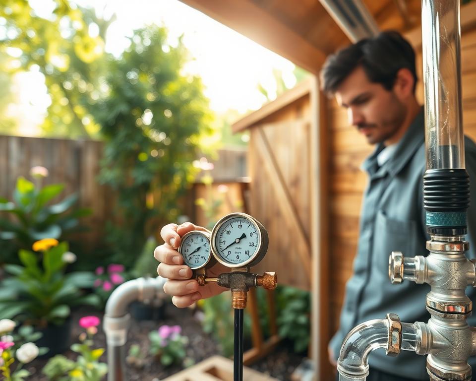 A serene garden shed environment, showcasing a water pressure test on a new pipe installation. In the foreground, a professional technician in modest casual clothing holds a pressure gauge, focused on the task. The middle ground features a partially assembled water pipe system, with clear connections and fittings, highlighting visible water pressure indicators. The background displays a well-maintained garden with lush greenery, flowers, and the shed's wooden structure, bathed in soft morning light. The scene captures a sense of diligence and precision in plumbing work, with natural light filtering through the trees, creating a calm and industrious atmosphere. The perspective is slightly angled to provide depth and emphasize the subject’s focus on the pressure test.