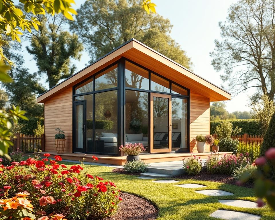 A stylish, modern Pultdach garden house design set in a lush garden. In the foreground, showcase the sleek, slanted roof emphasizing its space-saving features, crafted from natural wood with large, floor-to-ceiling windows. In the middle ground, depict vibrant flowerbeds and ornamental plants surrounding the garden house, providing a welcoming, harmonious atmosphere. The background features softly blurred trees and a clear blue sky, suggesting a serene outdoor environment. Use warm, natural lighting to enhance the cozy feel, with rays of sunlight casting gentle shadows. Imagine the scene from a slightly elevated angle to capture the full structure and the lush garden, evoking a sense of tranquility and modern elegance.