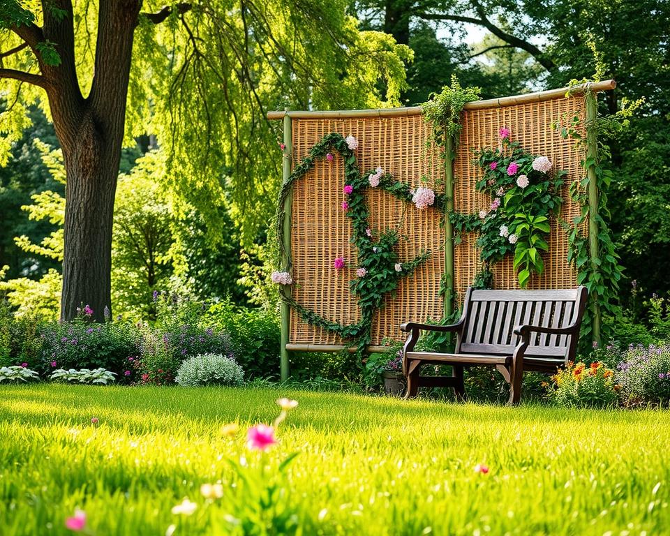 A tranquil garden scene showcasing a creative privacy screen made of intricately woven bamboo and vibrant climbing plants. In the foreground, lush green grass is dotted with colorful flowers, inviting a sense of serenity. The middle features the eye-catching privacy screen adorned with flowering vines, providing a beautiful barrier that enhances the garden's charm. A rustic wooden bench invites contemplation nearby, inviting the viewer to imagine sitting there with a book. In the background, gentle dappled sunlight filters through tall trees, casting playful shadows and creating a warm, inviting atmosphere. The scene is captured from a slightly elevated angle, emphasizing layers of greenery and the harmonious blend of nature. The mood is peaceful and inspiring, perfect for anyone seeking to enhance their outdoor sanctuary. A tranquil garden scene showcasing a creative privacy screen made of intricately woven bamboo and vibrant climbing plants. In the foreground, lush green grass is dotted with colorful flowers, inviting a sense of serenity. The middle features the eye-catching privacy screen adorned with flowering vines, providing a beautiful barrier that enhances the garden's charm. A rustic wooden bench invites contemplation nearby, inviting the viewer to imagine sitting there with a book. In the background, gentle dappled sunlight filters through tall trees, casting playful shadows and creating a warm, inviting atmosphere. The scene is captured from a slightly elevated angle, emphasizing layers of greenery and the harmonious blend of nature. The mood is peaceful and inspiring, perfect for anyone seeking to enhance their outdoor sanctuary.
