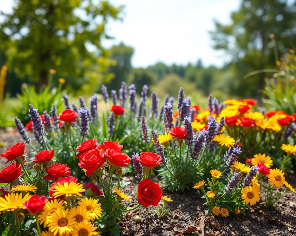 A vibrant and artistic flower bed arrangement in a sunny garden setting. In the foreground, a lush array of blooming flowers, including vivid red roses, cheerful yellow daisies, and delicate purple lavenders, are planted in an artistic pattern. In the middle ground, various shades of green foliage create a rich backdrop, complemented by the textured soil and mulch that enhances the colors of the flowers. In the background, a gently blurred view of green trees and a soft blue sky adds depth and tranquility. The scene is illuminated by warm, natural sunlight, casting gentle shadows that add dimension and warmth. The composition conveys a sense of creativity and harmony, inviting the viewer to imagine their own floral arrangements in a beautiful garden space. A vibrant and artistic flower bed arrangement in a sunny garden setting. In the foreground, a lush array of blooming flowers, including vivid red roses, cheerful yellow daisies, and delicate purple lavenders, are planted in an artistic pattern. In the middle ground, various shades of green foliage create a rich backdrop, complemented by the textured soil and mulch that enhances the colors of the flowers. In the background, a gently blurred view of green trees and a soft blue sky adds depth and tranquility. The scene is illuminated by warm, natural sunlight, casting gentle shadows that add dimension and warmth. The composition conveys a sense of creativity and harmony, inviting the viewer to imagine their own floral arrangements in a beautiful garden space.