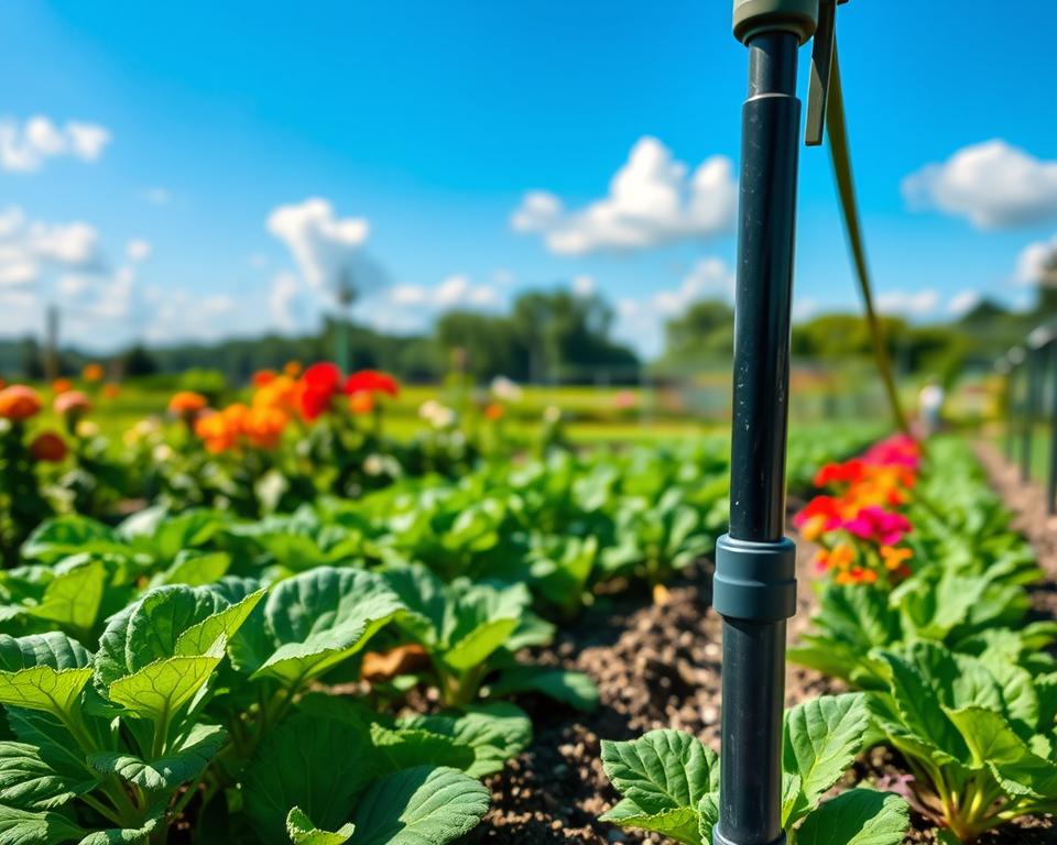 A vibrant garden scene showcasing the best irrigation system for gardens. In the foreground, a modern drip irrigation system is visibly distributing water to healthy, colorful plants and flowers. The middle ground features a neatly arranged vegetable patch with green leafy crops flourishing, demonstrating the effectiveness of the irrigation. In the background, a serene garden landscape with a blue sky and soft, fluffy clouds enhances the tranquil atmosphere. The lighting is bright and natural, casting gentle shadows to emphasize the lush greenery. Capture the image from a slightly elevated angle, giving an overview of the entire garden setup. The mood is peaceful and inviting, ideal for illustrating efficient garden care.