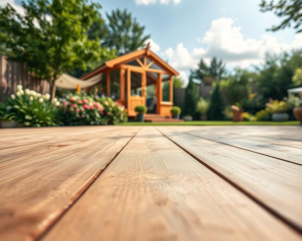 A well-constructed garden house floor showcased in a serene garden setting. In the foreground, a detailed view of the wooden floorboards, emphasizing quality craftsmanship with visible grain and texture. The middle ground features the garden house, constructed with a blend of wood and glass, surrounded by lush greenery and flowering plants. The background portrays a bright, clear sky with soft clouds, casting gentle natural light that enhances the scene's warmth and inviting atmosphere. The angle is slightly elevated, providing a clear view of the floor and the garden house, emphasizing the aesthetic and functional aspects of the flooring. The mood is peaceful and harmonious, ideal for a garden retreat. A well-constructed garden house floor showcased in a serene garden setting. In the foreground, a detailed view of the wooden floorboards, emphasizing quality craftsmanship with visible grain and texture. The middle ground features the garden house, constructed with a blend of wood and glass, surrounded by lush greenery and flowering plants. The background portrays a bright, clear sky with soft clouds, casting gentle natural light that enhances the scene's warmth and inviting atmosphere. The angle is slightly elevated, providing a clear view of the floor and the garden house, emphasizing the aesthetic and functional aspects of the flooring. The mood is peaceful and harmonious, ideal for a garden retreat.