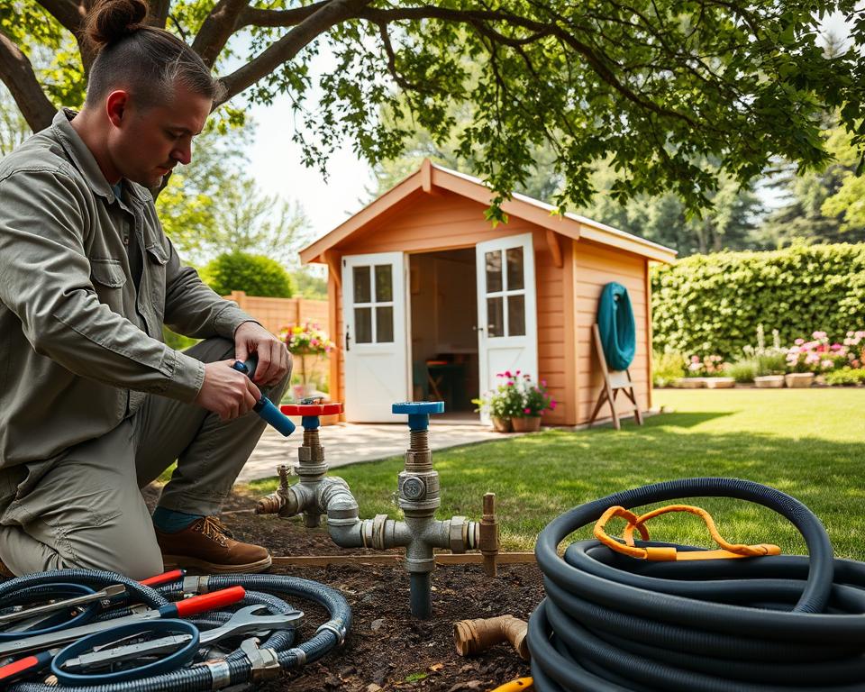 A well-organized garden shed installation scene featuring a water connection setup. In the foreground, a professional technician in modest casual clothing carefully connects pipes and valves, surrounded by tools like wrenches and pipe cutters. In the middle ground, the garden house is visible, showcasing detailed wooden siding and a functional entryway, while water hoses and fittings are artistically displayed around. The background features a lush garden with colorful flowers and neatly trimmed grass, adding a vibrant atmosphere. Soft, natural lighting filters through the trees overhead, creating a warm and inviting mood. The perspective should be slightly elevated, offering a clear view of both the technician's work and the garden shed.