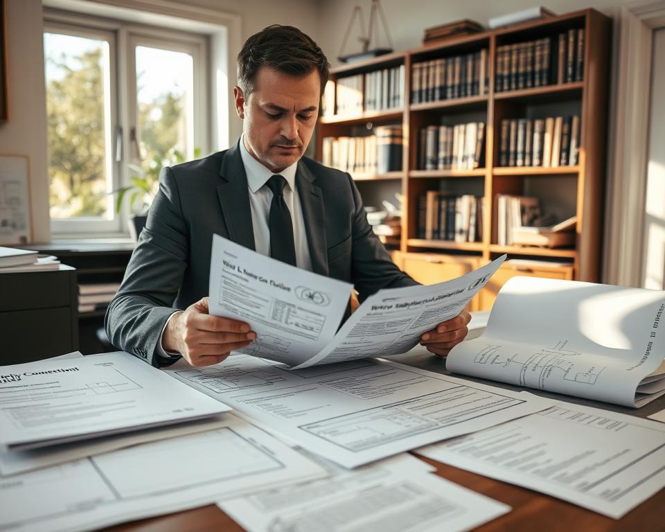 A well-organized office setting filled with documents and blueprints. In the foreground, a professional-looking man wearing smart attire is reviewing legal documents related to water supply connection regulations for a garden shed, with a focused expression. On the desk, various building permits and plans are spread out, showcasing details like diagrams and checklists. In the middle ground, a large window lets in natural light, casting soft shadows, creating a serious yet inspiring atmosphere. In the background, bookshelves filled with legal texts and gardening guidebooks emphasize an informative environment. The overall mood combines professionalism with practical planning for a successful project, all depicted with clarity and realism.
