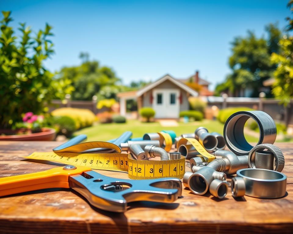 A well-organized toolkit for installing water pipes, prominently displayed on a wooden workbench. In the foreground, a bright yellow pipe wrench and a set of gleaming steel pliers sit beside a measuring tape. In the middle ground, various pipes, fittings, and a roll of Teflon tape are neatly arranged, showcasing the essential materials for plumbing work. In the background, a soft-focus garden with a small garden house is visible, surrounded by green foliage under a clear blue sky, creating a serene atmosphere. The image is well-lit, with natural sunlight casting gentle shadows, creating an inviting and professional ambiance suitable for a how-to guide on installation tools.