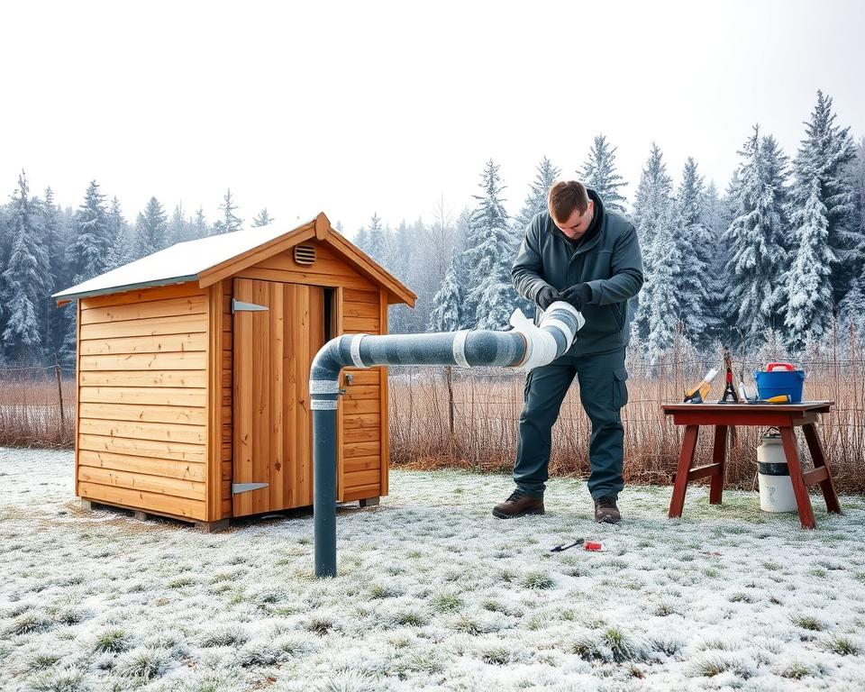 A winter landscape depicting the preparation of a garden house water connection for winter. In the foreground, a well-maintained garden shed stands with its water pipe visibly insulated with foam covering. To the side, a handyman in professional attire is diligently wrapping the pipe with protective material, demonstrating careful technique. In the middle ground, frosted grass and sparse snow accentuate the wintry scene, with tools and water connection parts laid out on a small workbench. The background showcases a serene forest of snow-covered trees under a soft, overcast sky, diffusing gentle light. The overall mood is one of productivity and care, reflecting the importance of preparing water connections for winter efficiency.