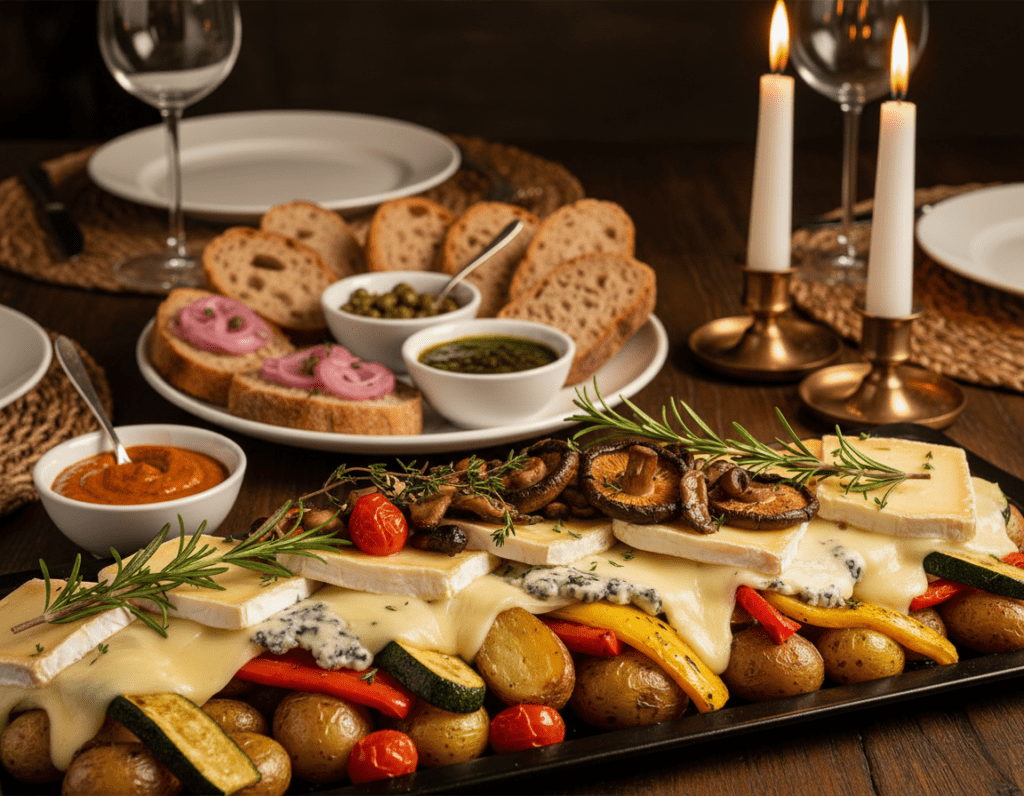 A beautifully arranged Raclette platter featuring creatively reinterpreted classic ingredients. In the foreground, colorful slices of cheese melting over potatoes, accentuated by vibrant vegetables such as roasted bell peppers, zucchini, and cherry tomatoes. A medley of rich, earthy mushrooms and fresh herbs like rosemary and thyme add texture and aroma. In the middle ground, elegant plates with artisanal bread and unique toppings like pickled onions and various sauces, all highlighted by soft candlelight. The background hints at a rustic wooden table setting, bathed in warm, golden lighting to create an inviting atmosphere. A focus on texture and color harmonizes to evoke a sense of creativity and indulgence, perfect for a memorable Raclette experience.