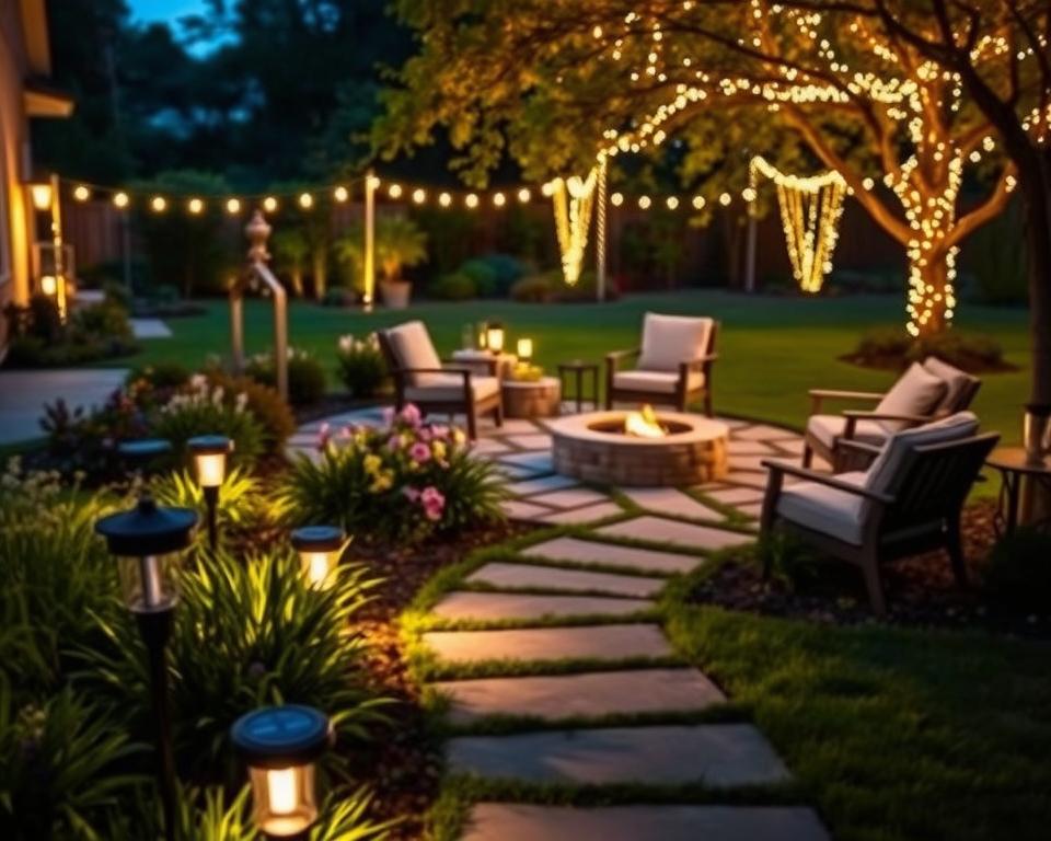 A beautifully designed garden at dusk, featuring elegant garden lighting that enhances safety and ambiance. In the foreground, softly glowing solar path lights line a stone walkway, leading to a cozy seating area with a fire pit surrounded by comfortable, modest outdoor furniture. In the middle ground, a gentle glow radiates from strategically placed LED lights illuminating flowering plants and a small water feature, creating a tranquil atmosphere. The background showcases a well-maintained lawn with fairy lights draped over trees, casting soft shadows. The scene captures a peaceful, inviting mood, evoking a sense of security while enjoying the outdoor space in the evening. The composition is shot with a warm color palette, using a slightly blurred depth of field to emphasize the inviting glow of the lighting.