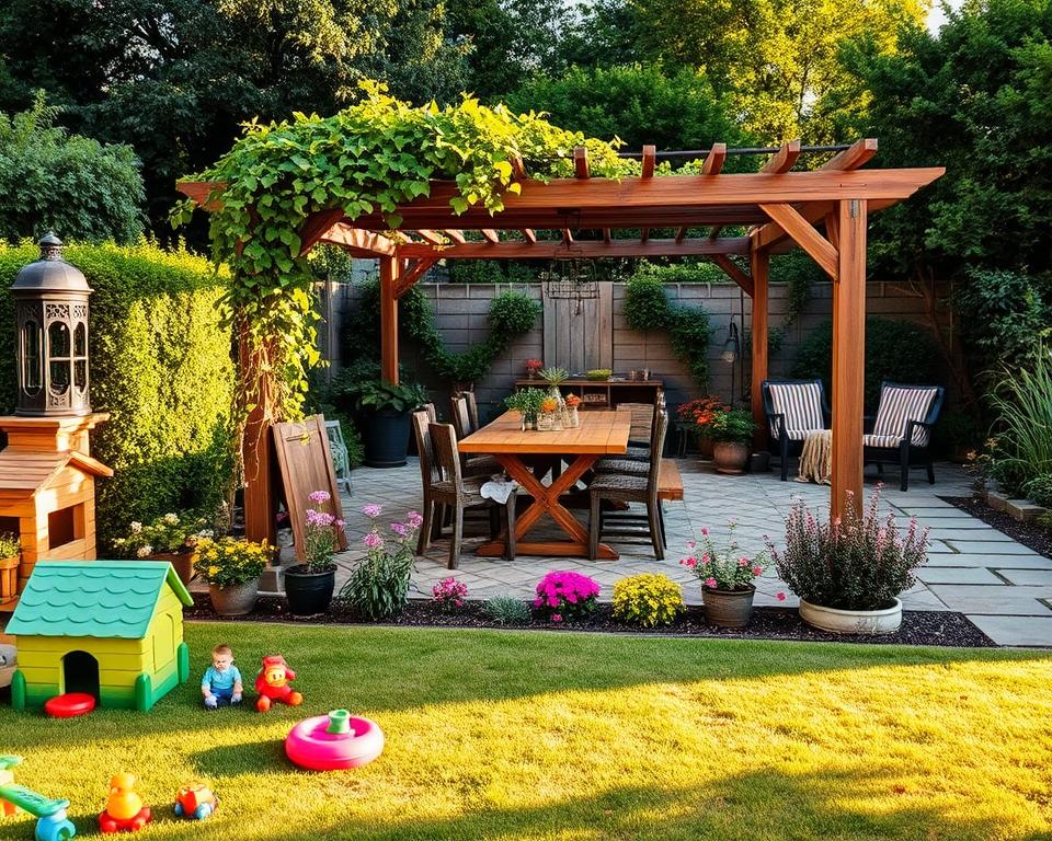 A beautifully designed garden layout showcasing distinct zones for play, dining, relaxation, and utility. In the foreground, a vibrant children's play area with colorful toys and soft grass, vibrant flowers, and a small wooden playhouse. The middle section features a rustic dining area with a wooden table set under a shaded pergola adorned with climbing vines and tasteful lanterns, surrounded by blooming herbs and ornamental plants. In the background, a serene relaxation zone with comfortable chairs, a small water feature, and lush greenery providing privacy. The lighting is warm and inviting, reminiscent of a late afternoon sun, casting gentle shadows. The atmosphere is cheerful and harmonious, illustrating a family-friendly garden experience.