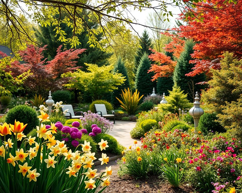 A beautifully designed garden that remains attractive all year round, showcasing a harmonious mix of seasonal plants. In the foreground, delicate spring flowers like tulips and daffodils bloom vibrantly, transitioning into lush summer greenery with colorful annuals. The midground features a cozy seating area surrounded by flowering shrubs, setting a relaxed mood. As we gaze toward the background, autumn foliage in rich reds and oranges gives way to evergreen trees, providing structure and beauty even in winter. Soft, diffused sunlight filters through the branches, casting gentle shadows on the ground, enhancing the serene atmosphere. The image captures the essence of seasonal planning in a garden, with a focus on diversity, color, and year-round appeal.