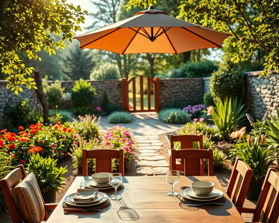 A beautifully designed outdoor dining area in a lush garden setting. In the foreground, a rustic wooden table adorned with elegant dinnerware and surrounded by comfortable, modestly styled chairs. In the middle ground, vibrant flower beds in full bloom, complemented by lush greenery and a tasteful outdoor umbrella providing shade. In the background, a stone path leading to a charming rustic fence, soft sunlight filtering through the trees, creating a warm and inviting atmosphere. The scene is illuminated by gentle, natural lighting, capturing the essence of a serene family gathering spot. The angle is slightly elevated to provide a panoramic view of the entire space, highlighting the harmony between the dining area and the surrounding garden.