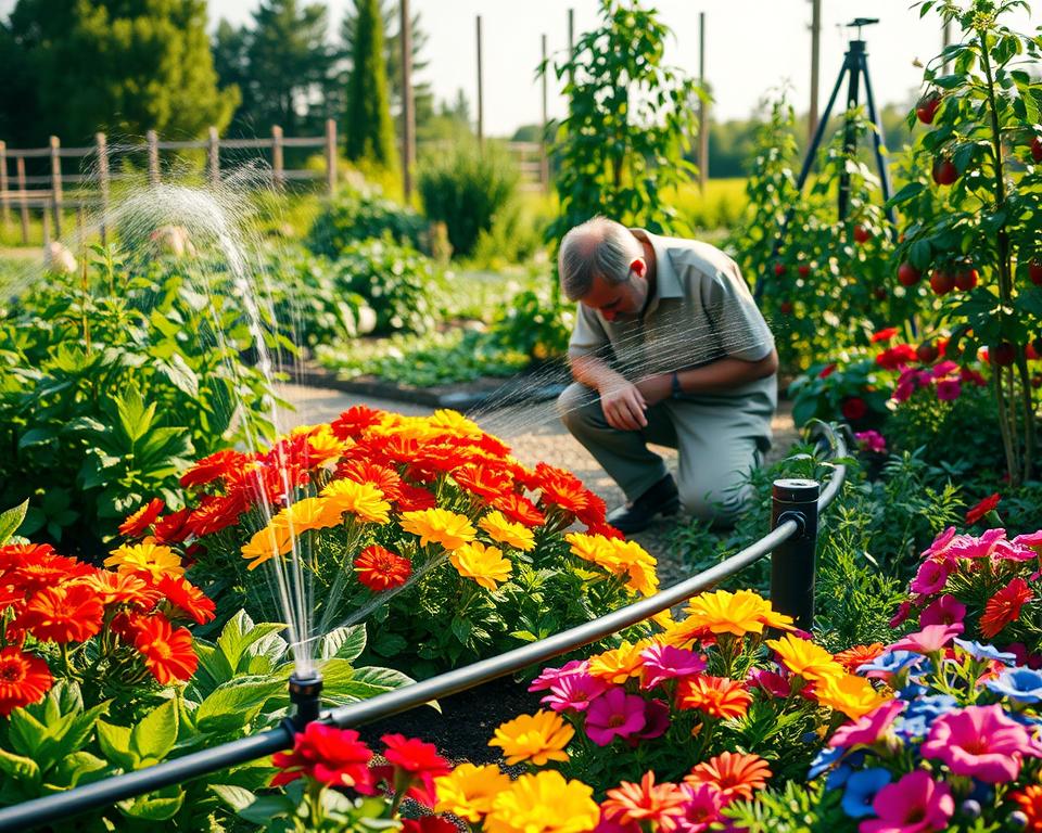 A beautifully landscaped garden scene, showcasing an innovative, water-saving irrigation system. In the foreground, a drip irrigation line gently waters vibrant flower beds bursting with colors—reds, yellows, and blues—surrounded by lush green foliage. In the middle ground, a gardener dressed in modest casual clothing is kneeling, adjusting settings on a water-efficient sprinkler system, focused and engaged with the task. The background features a variety of garden plants, including tomatoes and herbs, set against a sunny sky with soft, warm afternoon light casting gentle shadows. The overall mood conveys a sense of harmony with nature and responsibility in water usage, emphasizing sustainable gardening practices.