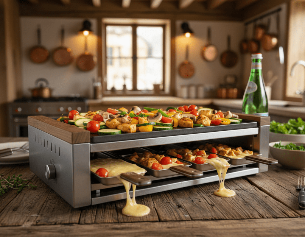 A cozy Raclette scene on a wooden table featuring a low-carb and healthy preparation. In the foreground, a beautifully arranged Raclette grill is topped with vibrant, fresh vegetables like zucchini, bell peppers, and cherry tomatoes, alongside lean protein options such as grilled chicken and mushrooms. The middle-ground showcases the melt of gooey cheese as it drips onto the colorful ingredients in the small pans. The background is softly blurred, revealing a warm, rustic kitchen filled with soft, ambient lighting that enhances the inviting atmosphere. Use a close-up angle to focus on the delicious details and textures. The overall mood conveys a sense of healthiness and indulgence, perfect for creative low-carb Raclette ideas.