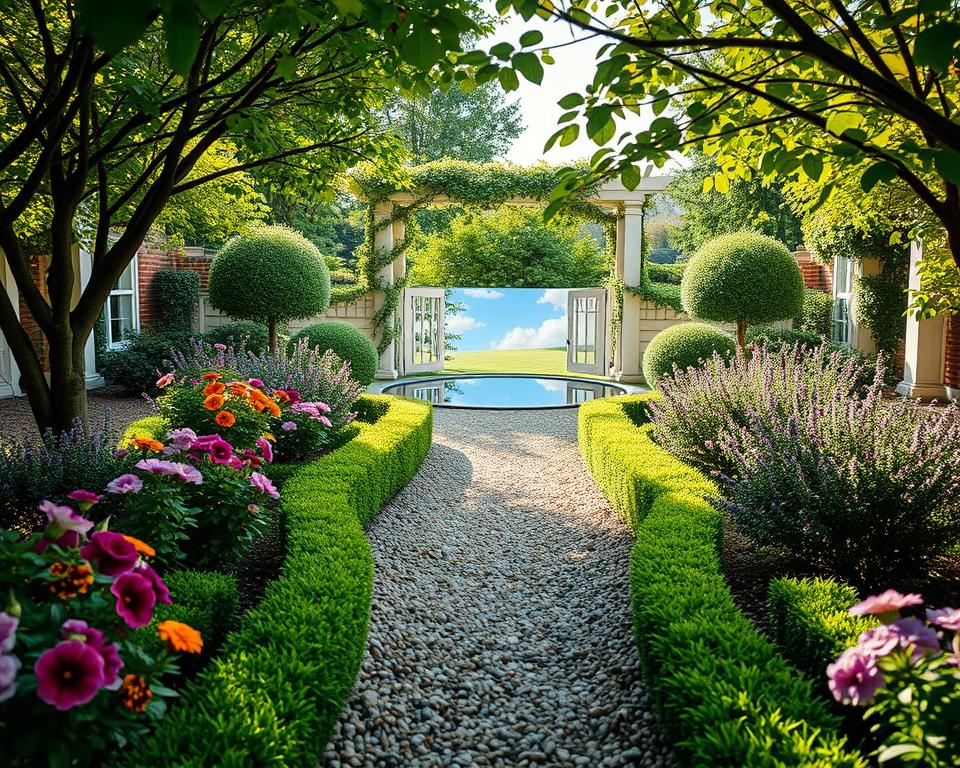 A cozy garden scene showcasing optical illusions that create a sense of spaciousness. In the foreground, vibrant flowers and neatly trimmed hedges in various colors, strategically placed to draw the eye. In the middle, a winding gravel path leading to a mirrored surface reflecting the greenery and sky, enhancing depth. Lush trees frame the scene, with some branches extending toward the viewer, contributing to the layered effect. In the background, a decorative trellis covered with climbing vines, painted in soft pastel hues, adds a sense of height and dimension. Soft, warm sunlight filters through the leaves, casting gentle shadows and creating a serene, inviting atmosphere. The scene is viewed from a low angle, emphasizing the garden's depth and combining colors and textures for a vibrant, tranquil experience.