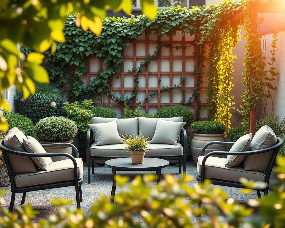 A cozy outdoor lounge in a small garden setting, featuring a compact yet inviting furniture arrangement with plush cushions on a stylish, space-saving loveseat and a couple of matching chairs. In the foreground, a small, round coffee table is adorned with a vibrant potted plant. The middle ground showcases a lush green backdrop with healthy shrubs and flowering plants, creating an intimate atmosphere. The background includes a wooden trellis draped with climbing vines, enhancing the serene environment. Soft, warm sunlight filters through the leaves, casting gentle shadows and illuminating the space with a peaceful glow. The angle is slightly elevated, capturing the overall scene while maintaining a sense of comfort and tranquility.