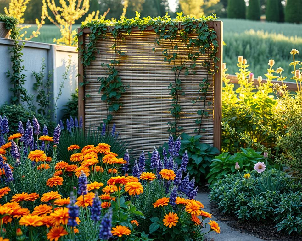 A cozy, small garden scene featuring an innovative privacy screen that blends seamlessly with nature. In the foreground, vibrant flower beds in full bloom with various colorful plants, such as marigolds and lavender. The middle ground showcases a stylish wooden or bamboo privacy screen adorned with climbing vines, providing a sense of seclusion while allowing light to filter through. In the background, gentle greenery, including small trees and shrubs, adds depth. The lighting is soft and warm, suggesting a late afternoon sun casting long shadows across the garden. The atmosphere is peaceful, exuding a sense of tranquility and intimacy without feeling enclosed. No humans or objects should clutter the scene, maintaining a clean focus on the garden design.