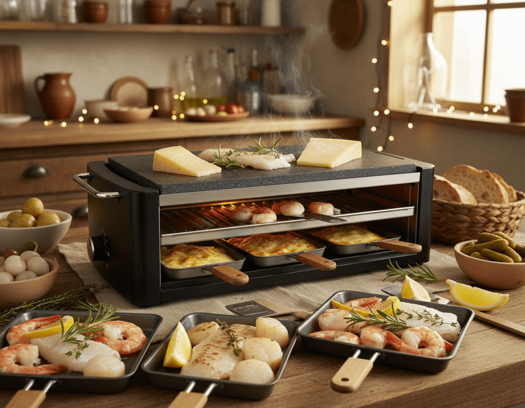 A cozy tabletop scene featuring a raclette grilling setup with a variety of fresh seafood and fish placed gracefully in individual raclette pans. In the foreground, vibrant, colorful ingredients like shrimp, scallops, and fillets of white fish, perfectly arranged alongside fresh herbs, slices of lemon, and creamy raclette cheese melting in the heat. In the middle, a heated raclette grill with cheese bubbling effectively, and a few pans sizzling with seafood. The background showcases a warm, inviting kitchen with soft, ambient lighting and wooden textures, evoking a homely atmosphere. The angle is slightly overhead, capturing both the delicious details of the dishes and the friendly, communal essence of a raclette meal. The mood is cheerful and inviting, perfect for a delightful dining experience.