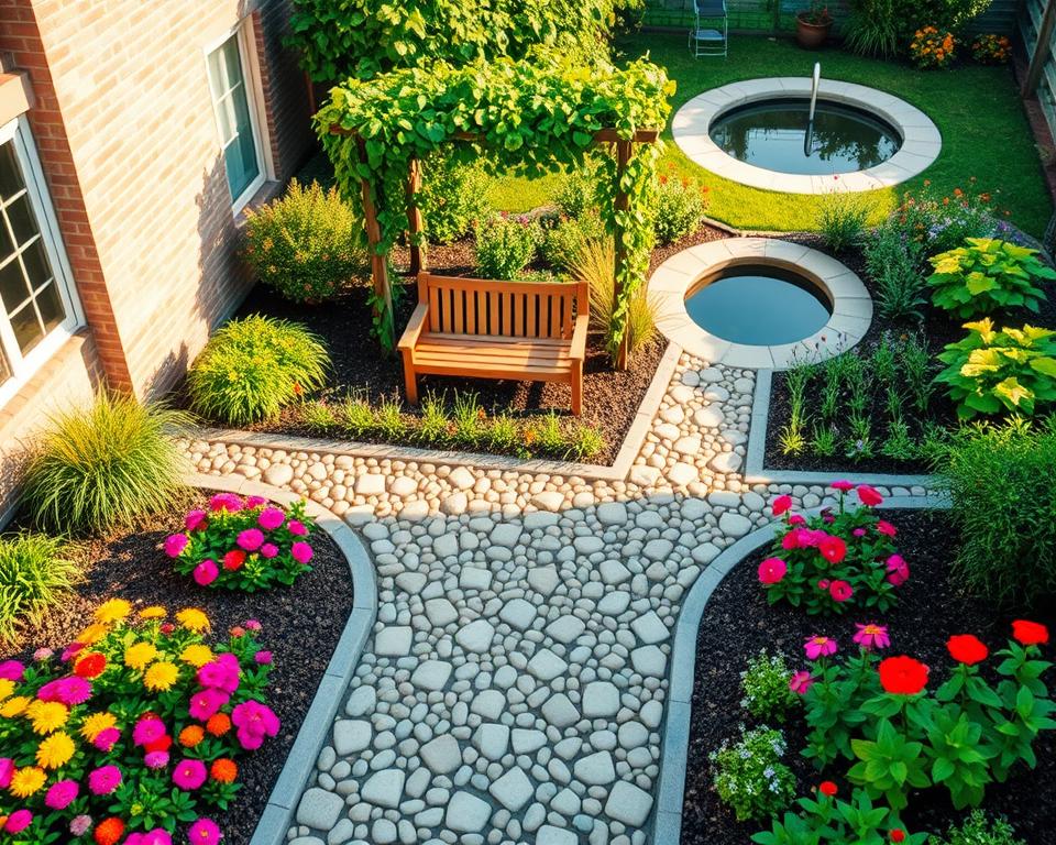 A detailed layout of a small garden, showcasing a well-structured design for effective zoning and organization. In the foreground, vibrant flower beds with a variety of colorful plants surround a central path made of stone pebbles. The middle ground features neatly arranged zones, including a cozy seating area with wooden benches under a trellis adorned with climbing vines, and a small vegetable patch bordered by herb plants. In the background, a serene water feature, like a small pond, reflects the sunlight, creating a tranquil atmosphere. The lighting is warm and soft, suggesting a late afternoon glow. The perspective is slightly elevated to capture the layout's entirety, creating a sense of harmony and balance throughout the garden design.