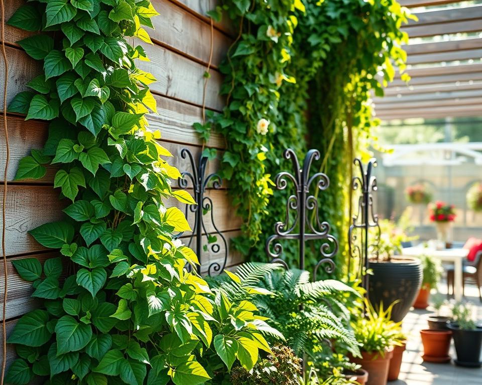 A lush, vertical garden filled with various climbing plants like ivy, ferns, and flowering vines, cascading down a vertical wall structure made of weathered wooden panels. In the foreground, vibrant green leaves are highlighted with soft morning light that filters through the foliage, creating a serene and refreshing atmosphere. The middle ground features potted plants and elegant trellises supporting the climbing plants, providing depth to the scene. The background shows a blurred view of a sunny outdoor space, with hints of a cozy patio. The image should evoke a sense of tranquility and natural beauty, perfect for a gardening article.