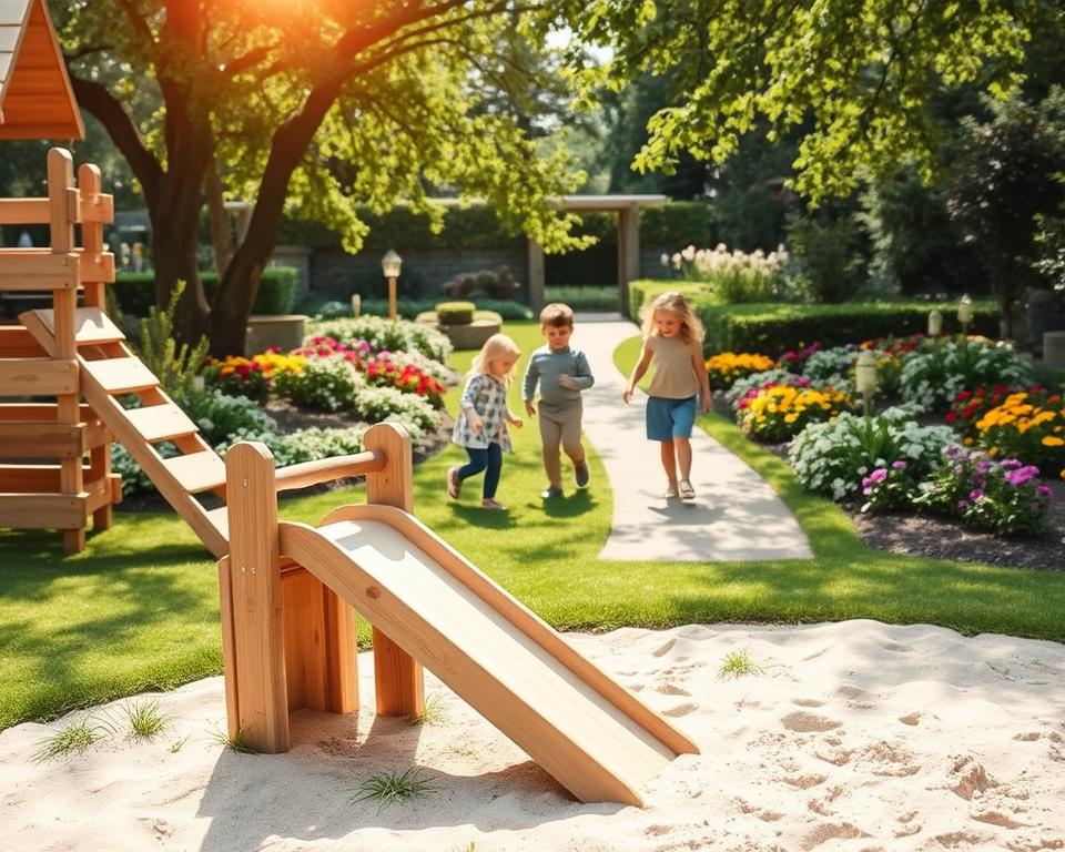 A natural playground designed for children in a family garden, featuring a variety of sensory play elements such as wooden climbing structures, a sandbox filled with soft, clean sand, and colorful flowers surrounding the area. In the foreground, a small, safe slide made of natural wood, with a soft, grassy surface beneath it. In the middle, children playing joyfully, dressed in modest casual clothing, interacting with nature, while bright, warm sunlight filters through overhead trees, casting playful shadows. In the background, lush greenery, a charming garden path, and vibrant flowerbeds create a serene atmosphere. The image should evoke a sense of warmth, safety, and enchantment, perfect for families to enjoy outdoor activities together.