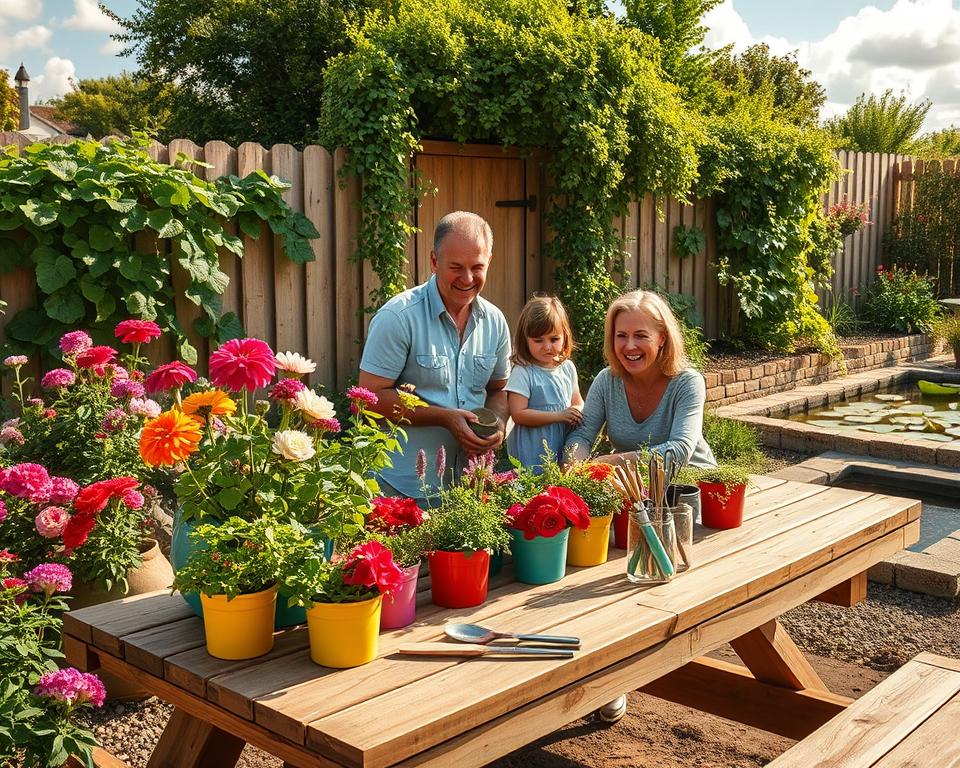A picturesque family garden setting, showcasing vibrant flowers in full bloom, lush greenery, and a cozy seating area made of natural wood. In the foreground, a rustic wooden table is set with gardening tools and colorful planters filled with herbs and vegetables. In the middle, a family of four—dressed in comfortable casual clothing—engages in gardening activities, smiling and enjoying their time together. The background features a wooden fence draped with climbing vines, a small pond with lily pads, and a sunny sky filled with fluffy white clouds. The scene is warmly lit by golden afternoon sunlight, casting soft shadows and creating a tranquil atmosphere, perfect for family bonding in nature.