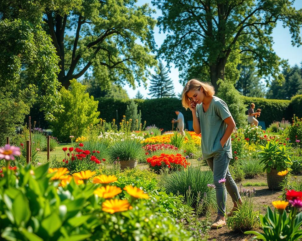 A serene and inviting garden scene featuring a diverse mix of plants and flowers in a sunlit setting. In the foreground, a gardener is thoughtfully examining soil and plant health, dressed in modest casual clothing. The middle of the image showcases a variety of colorful flower beds and lush greenery, showcasing different plant heights and textures, emphasizing biodiversity. In the background, tall trees provide dappled shade, with a clear blue sky above, allowing sunlight to filter through. The overall mood is tranquil and nurturing, with soft, warm lighting that accentuates the vibrant colors of the foliage. Capture this garden analysis moment with a slightly elevated angle to provide depth and perspective, focusing on the connection between the gardener and the flourishing plants.