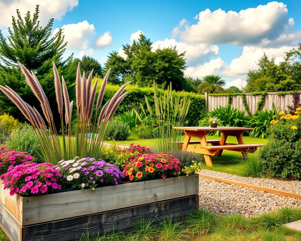 A serene family garden in Germany, showcasing easy-care plants ideal for families. In the foreground, vibrant clusters of colorful flowering perennials and ornamental grasses, neatly arranged in a rustic wooden planter. In the middle ground, a cozy seating area with a simple wooden picnic table surrounded by lush greenery, perfect for family gatherings. The background features a sunny sky with soft cotton clouds, casting warm, gentle light over the landscape. The scene should evoke a relaxed and inviting atmosphere, with a focus on natural beauty and family-friendly gardening, captured from a slightly elevated angle to provide depth. No people are present, ensuring the focus remains on the lush plant life and inviting garden layout.