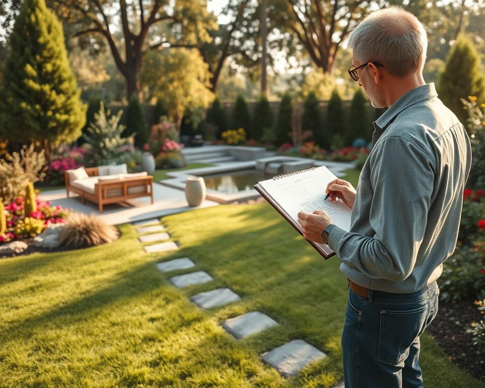 A serene garden design concept scene, featuring a professional landscape designer sketching plans on a large notepad. In the foreground, show a lush green lawn dotted with colorful flowers and ornamental shrubs. In the middle, a modern patio area with wooden furniture and a stone pathway lined with decorative stones. In the background, towering trees and a small water feature gently flowing, surrounded by vibrant blooming plants. Soft, warm sunlight casts enchanting shadows, evoking a peaceful atmosphere. The angle is slightly elevated, capturing the designer engaged in thoughtful consideration, dressed in smart casual attire. The overall mood reflects creativity and tranquility, ideal for a garden planning session.