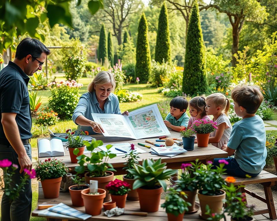 A serene garden planning scene featuring a diverse group of family members gathered around a wooden table outdoors, reviewing blueprints and flower catalogs. In the foreground, a father in casual business attire is pointing at a garden layout while a mother takes notes, surrounded by kids excitedly discussing flower choices. The middle ground showcases vibrant plants, pots, and gardening tools scattered around, emphasizing the planning process. In the background, a lush green garden filled with a variety of blooming flowers and tall trees creates a peaceful atmosphere. Soft, natural sunlight filters through the leaves, casting gentle shadows, evoking a sense of warmth and collaboration as the family works together on their dream garden.