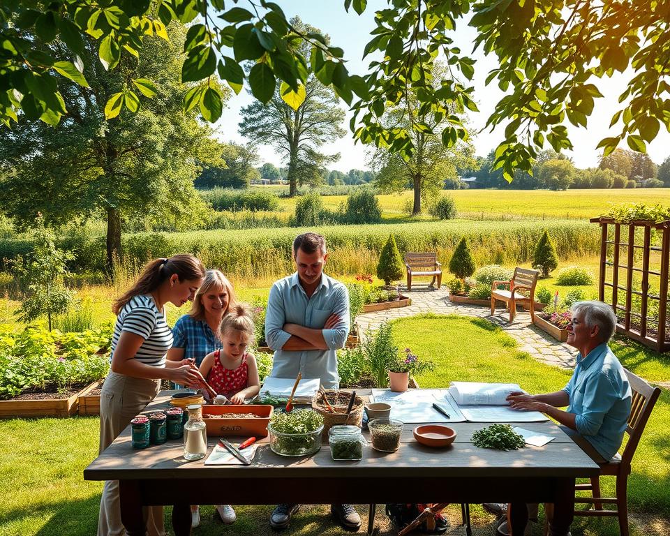 A serene garden scene illustrating a "Gartenbedarfsanalyse." In the foreground, a diverse family, dressed in modest casual attire, is gathered around a table covered with gardening tools, plant samples, and sketches. The middle ground features vibrant flower beds, vegetable patches, and various garden furniture like a cozy bench and a wooden trellis. In the background, a lush green landscape with tall trees and a clear blue sky creates a tranquil setting. Soft, warm sunlight filters through the leaves, casting gentle shadows, enhancing the peaceful atmosphere. The image captures both the analytical aspect of garden planning and the joy of family gardening experiences, conveying a sense of collaboration and nature appreciation.