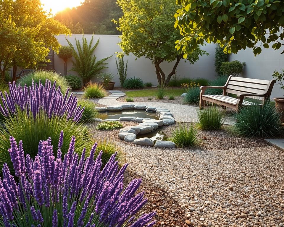 A serene, low-maintenance garden scene, designed for ease and enjoyment. In the foreground, vibrant, drought-resistant plants like lavender and ornamental grasses create a colorful border along a winding gravel pathway. In the middle, a small, decorative pond reflects the surrounding foliage, with a few relaxed seating areas featuring comfortable wooden benches. The background showcases a small fruit tree, adding a subtle touch of greenery. The lighting is soft and warm, capturing the golden glow of late afternoon sun filtering through the leaves, creating a peaceful and inviting atmosphere. The angle is slightly elevated, providing a comprehensive view of the landscape that emphasizes simplicity and tranquility, encouraging relaxation in this easy-care garden.