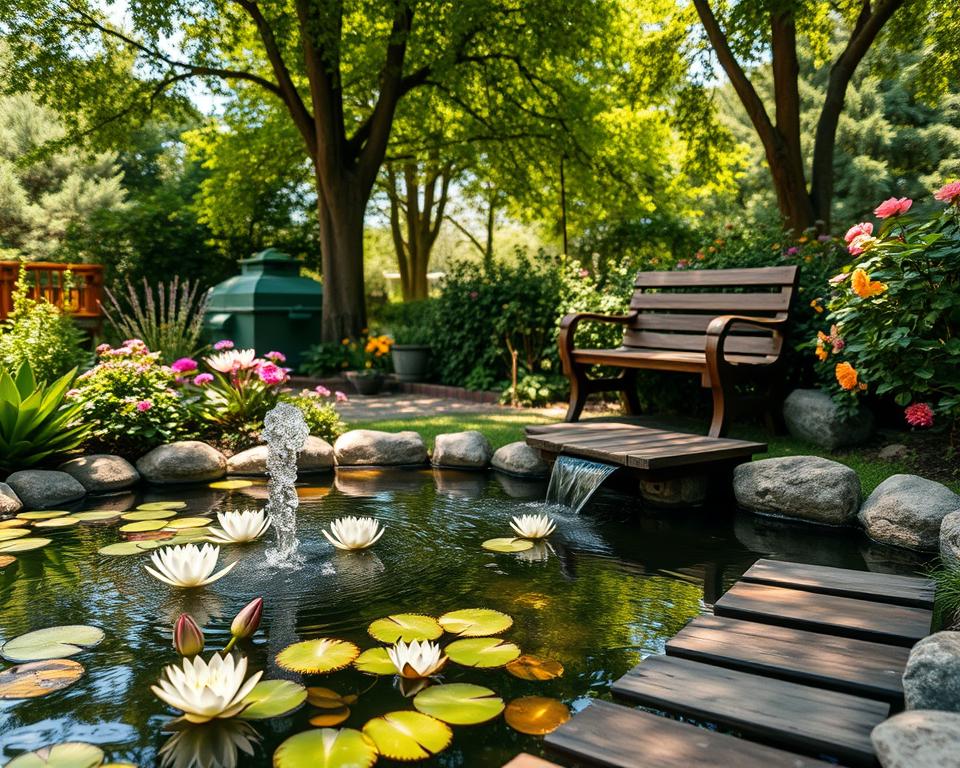 A serene small garden featuring a charming mini pond at its center, surrounded by lush greenery and colorful flowering plants. In the foreground, delicate water lilies float gracefully on the surface of the pond, while a gentle fountain adds a sparkling waterfall effect. In the middle ground, wooden stepping stones lead to a rustic wooden bench, inviting relaxation amidst nature. In the background, tall trees provide dappled sunlight, enhancing the tranquil ambiance. The scene captures the essence of peaceful garden living, with soft, warm sunlight filtering through the leaves. Use a soft focus lens effect to give it a dreamy quality, portraying a harmonious blend of water and nature. The atmosphere is calm and refreshing, evoking the soothing sounds of flowing water.