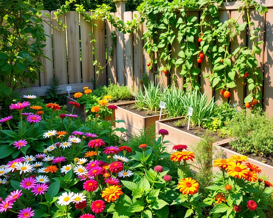 A small, charming garden filled with a vibrant assortment of robust, compact plants. In the foreground, a cluster of colorful flowering perennials like daisies and marigolds creates a lively pop of color, mixed with lush green foliage. The middle ground features neatly arranged raised beds with compact vegetable plants such as cherry tomatoes and herbs, adding a productive aspect to the garden. In the background, a rustic wooden fence adorned with climbing vines complements the scene, while soft sunlight filters through the leaves, creating gentle shadows that enhance the cozy atmosphere. The image is shot from a slightly elevated angle to capture the depth and arrangement of the plants, evoking a sense of tranquility and inspiration for small garden design.