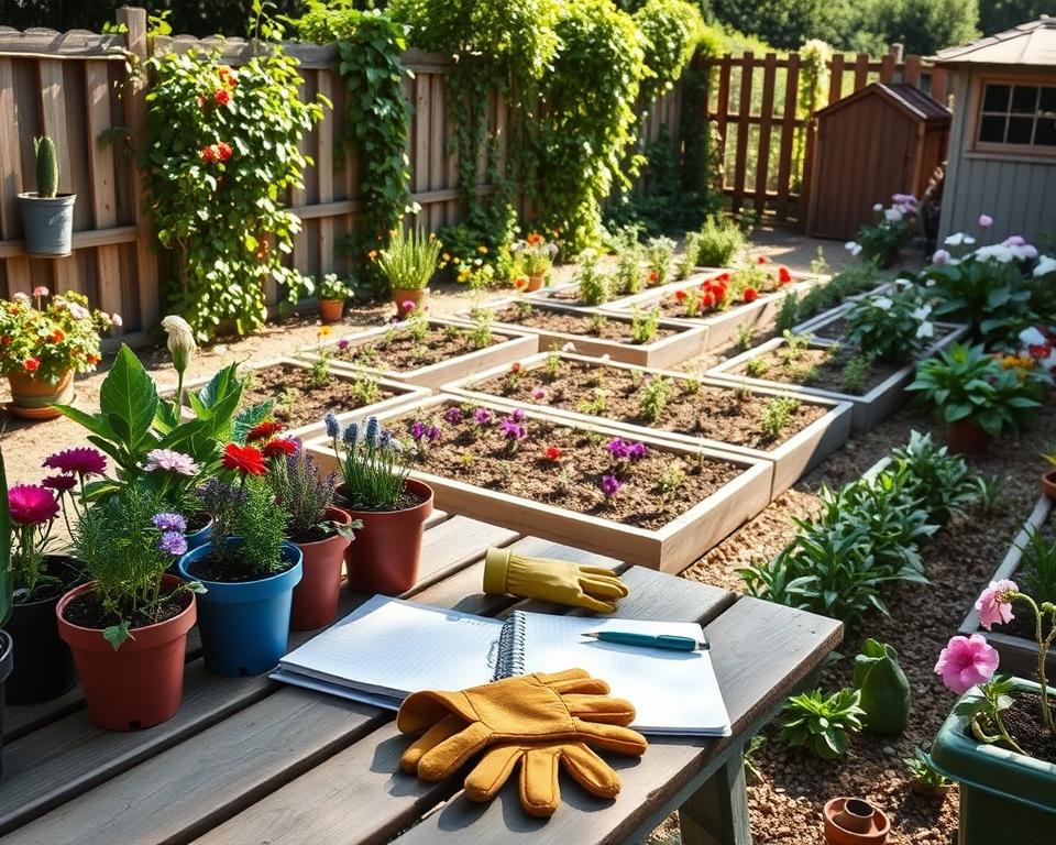 A small garden scene in the process of inventory assessment, showcasing a variety of plants and garden items. In the foreground, a well-organized garden table filled with colorful potted herbs and a notebook, with a pair of garden gloves resting beside it. The middle ground features neatly arranged flower beds with blossoming flowers and some sparse areas that require attention. In the background, a fence adorned with climbing vines and a small wooden shed can be seen. Soft afternoon sunlight streams in, casting gentle shadows and highlighting the vibrant colors of the plants. The atmosphere is peaceful, inviting reflection on garden design possibilities. The composition is shot from a slightly elevated angle, providing a broad view of the garden layout.