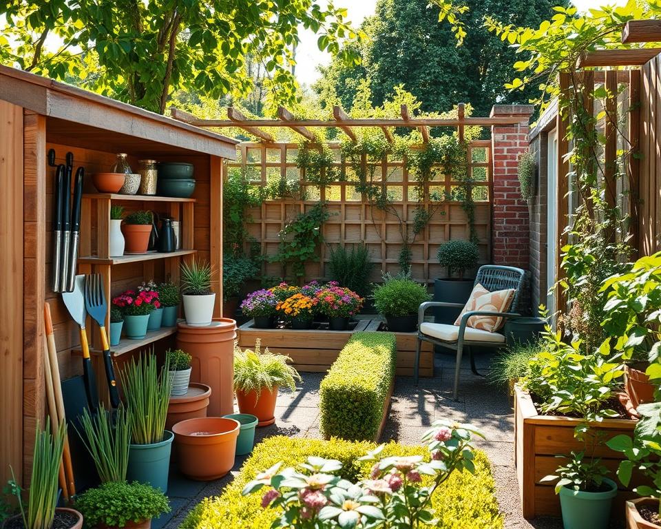 A small, well-organized garden space depicting clever storage solutions. In the foreground, there's a wooden garden shed with a neatly arranged assortment of gardening tools, pots, and planters. The middle layer features colorful flower beds with neatly trimmed hedges, and a compact seating area for relaxation. In the background, a trellis adorned with climbing plants adds to the charm, while soft sunlight filters through the leaves, creating a warm and inviting atmosphere. The scene captures a sense of peace and order, with a cozy feel, perfect for a small garden. Use a slightly elevated angle to give a comprehensive view, emphasizing the practical storage elements and lush greenery. The lighting is bright and cheerful, evoking a sunny day in a beautiful, organized garden.