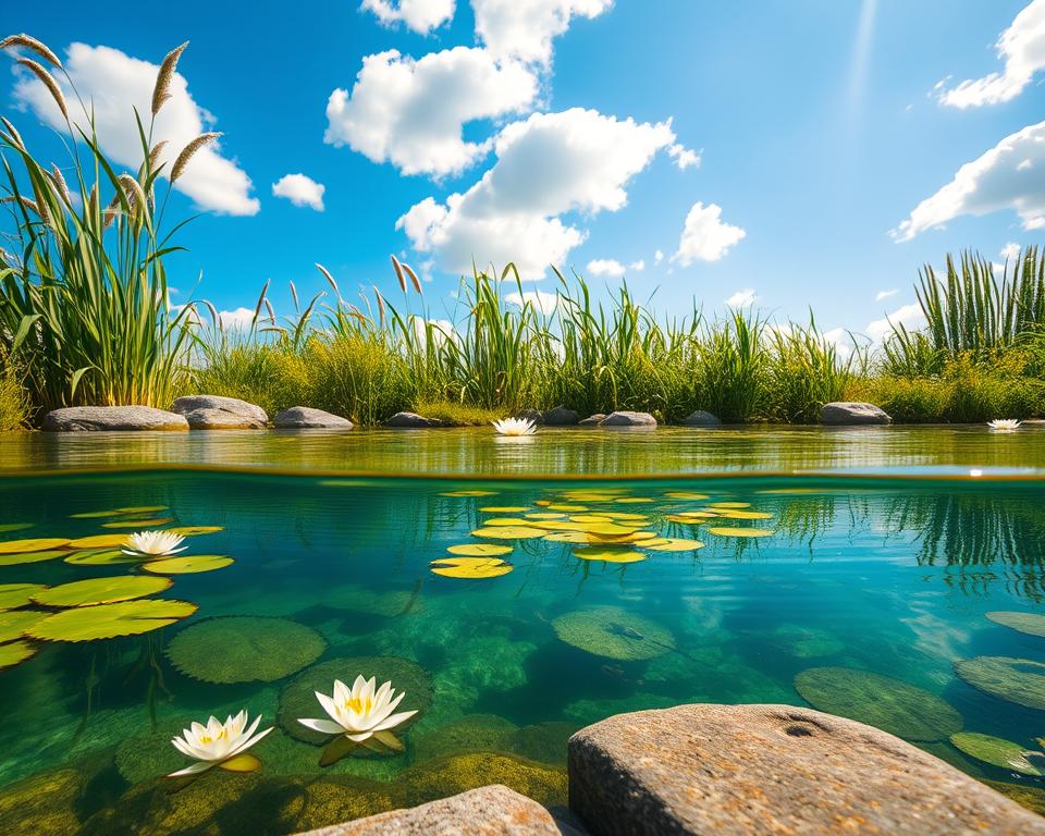 A tranquil garden pond, showcasing varying depths of clear blue water, surrounded by lush greenery and colorful aquatic plants. In the foreground, delicate water lilies float on the surface, while small fish can be seen swimming beneath. The middle ground features smooth stones outlining the pond and patches of soft moss, enhancing the natural feel. In the background, tall grasses sway gently in the breeze under a bright blue sky with soft, fluffy clouds. The light is warm and golden, casting gentle reflections on the water's surface. The scene conveys a serene and harmonious atmosphere, perfect for illustrating the planning of water depth and balance in a natural pond setting.