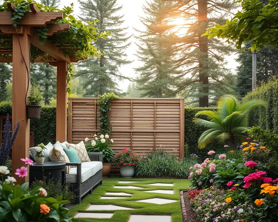 A tranquil garden scene featuring a cozy seating area surrounded by lush greenery, flowers, and elegant garden décor. In the foreground, a beautifully arranged outdoor seating set with comfortable cushions, nestled under a natural wooden pergola adorned with climbing vines. The middle ground showcases a charming privacy screen made of rustic wooden slats, enhancing the secluded feel of the space, while colorful flower beds bloom vibrantly nearby. The background reveals a soft-focus view of tall trees and a gentle sky with soft, diffused sunlight filtering through the leaves, creating a warm and inviting atmosphere. Use a wide-angle lens perspective to encompass this serene garden environment, invoking a sense of peace and relaxation, ideal for a dream garden retreat.