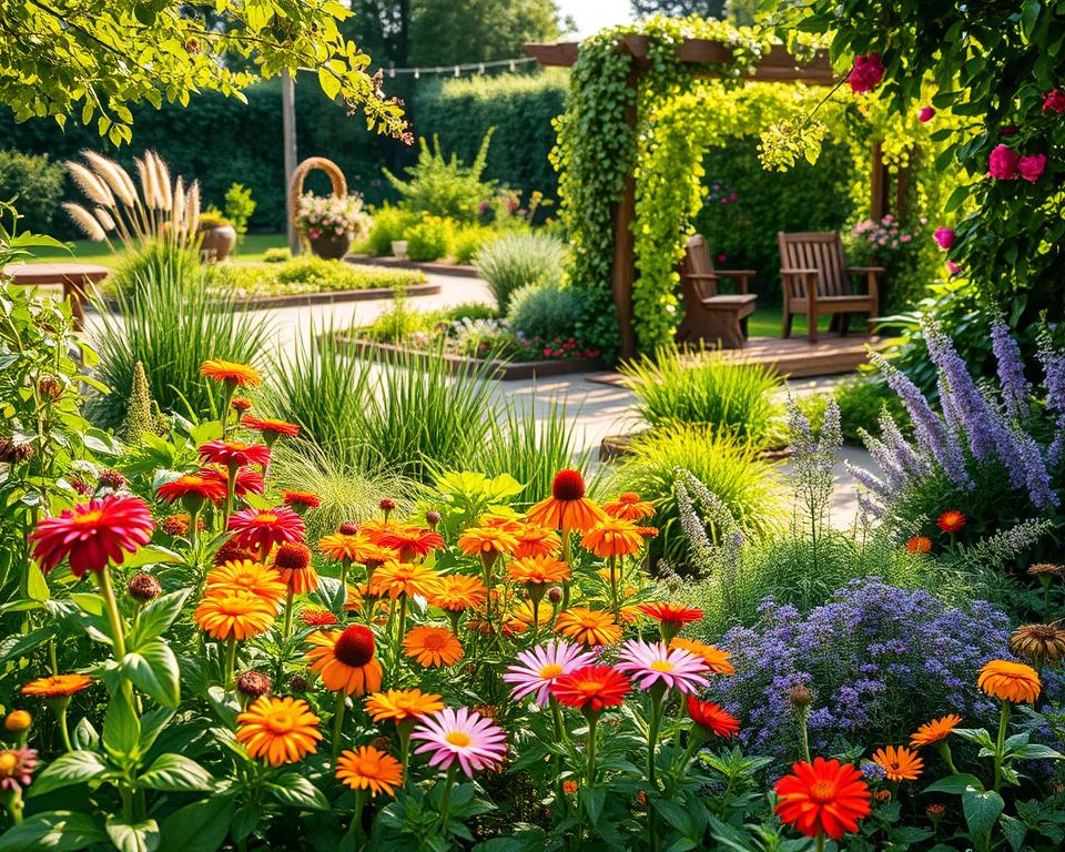 A vibrant and lush garden scene showcasing the harmonious blend of ornamental and useful plants. In the foreground, a rich array of colorful flowering plants such as daisies and marigolds interspersed with edible herbs like basil and thyme, creating a visually appealing contrast. In the middle ground, well-tended vegetable patches with ripe tomatoes and leafy greens thrive beside ornamental grasses and striking perennials. The background features a serene garden path winding through the greenery, leading to a cozy seating area under a wooden trellis adorned with climbing flowers. Soft, warm sunlight filters through the leaves, casting gentle shadows, enhancing the tranquil, inviting atmosphere. Shot from a slightly elevated angle to capture the layout and depth of the garden, creating an engaging, immersive view.