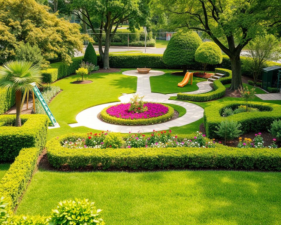 A vibrant family garden designed for safety and accident prevention, featuring neatly trimmed hedges and a soft, grassy lawn. In the foreground, a child-safe play area with rounded edges on equipment and soft landscaping materials. The middle layer showcases a variety of colorful flowers, clearly marked pathways, and designated play zones with safety signage discretely placed. In the background, gentle trees provide shade and create a cozy atmosphere. Bright, natural lighting enhances the cheerful environment, while a wide-angle view captures the cohesive layout of safety-conscious features. The scene invites a sense of tranquility and joyful family interaction, emphasizing protection and fun without distractions.