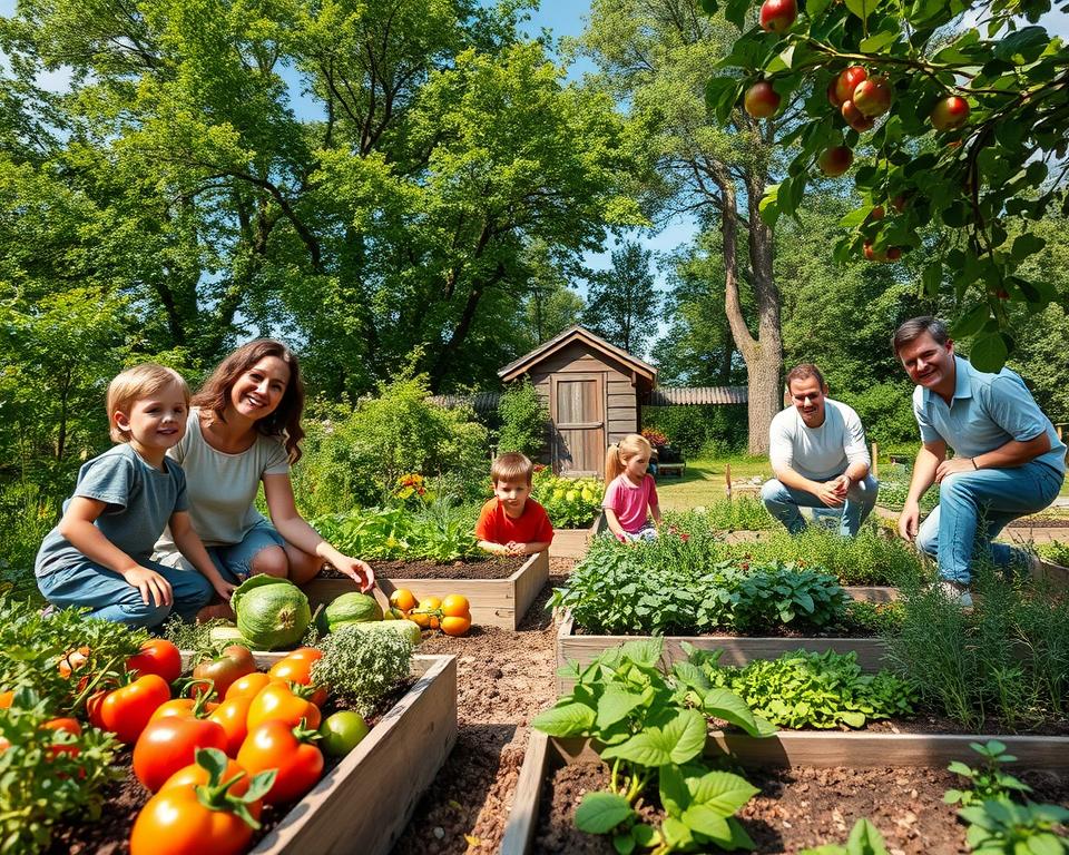 A vibrant family garden scene showcasing a diverse "Nutzgarten" with children and adults engaging in gardening activities. In the foreground, a cheerful family, dressed in modest casual clothing, is planting colorful vegetables like tomatoes, carrots, and peppers in neatly arranged raised beds. The middle ground features fruit trees laden with apples and berries, while aromatic herbs such as basil and rosemary flourish nearby. In the background, a bright blue sky peeks through leafy green trees, and a wooden shed adds rustic charm. Soft, warm sunlight filters through the leaves, creating a welcoming atmosphere. The angle captures the richness of the garden, emphasizing a sense of togetherness and the joy of gardening as a family activity.