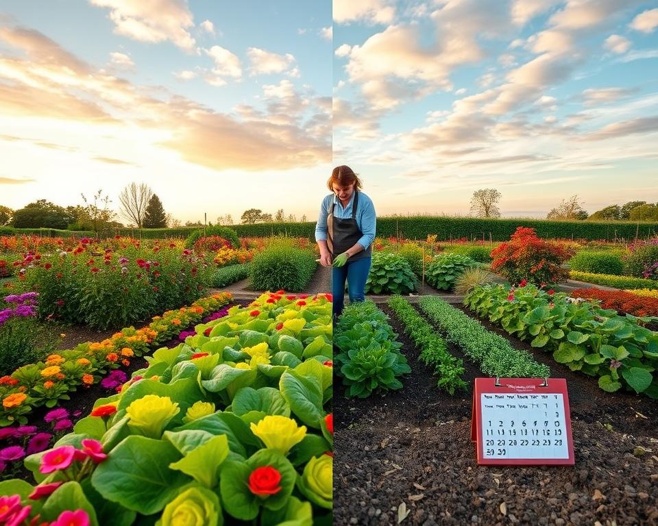 A vibrant garden landscape representing a seasonal care plan, split into four sections to reflect the annual cycle of gardening. In the foreground, show a lush patch of vegetables ready for harvesting, surrounded by vibrant flowers. In the middle, display a well-organized layout with a gardener in modest casual clothing, carefully pruning plants and tending to the soil. In the background, depict a picturesque sky transitioning from spring to autumn, highlighting seasonal changes with a mix of blooming buds and autumn leaves. Use warm, natural lighting to enhance the sense of tranquility and growth. Include subtle details like gardening tools and a calendar to symbolize the seasonal plan, maintaining a serene and inviting atmosphere.