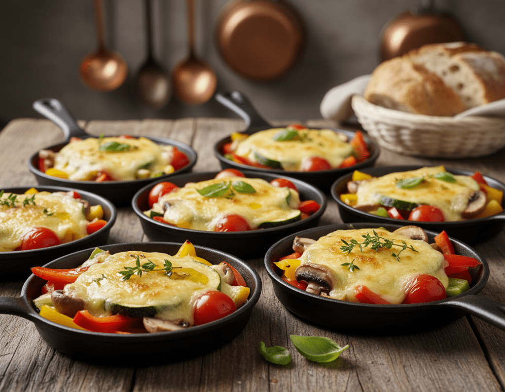 A vibrant vegetarian raclette setup with colorful assorted vegetables including bell peppers, zucchini, mushrooms, and cherry tomatoes, arranged in individual round pans. The foreground showcases melted cheese bubbling over the edge of the pans, with drizzles of olive oil and sprigs of fresh herbs like thyme and basil for added detail. In the middle, a rustic wooden table adds warmth, surrounded by a cozy, inviting kitchen with soft, ambient lighting casting gentle shadows. The background features blurred kitchen utensils and a hint of fresh bread, enhancing the homey atmosphere. The image captures a delicious, festive mood, ideal for food enthusiasts and highlighting vegetarian raclette variations.